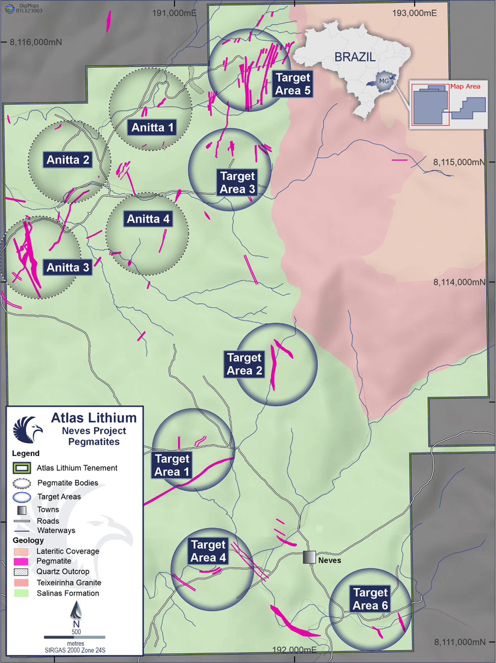 Atlas Lithium identifica mais seis áreas-alvo em Neves
